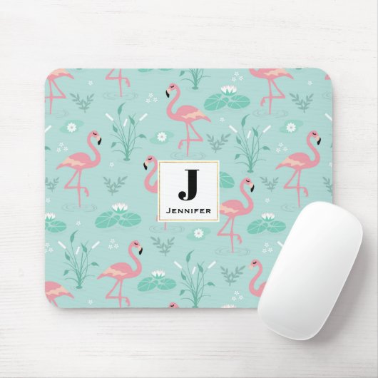 Pastellrosa Flamingos Grünes Muster Monogramm Mousepad (Mit Mouse)