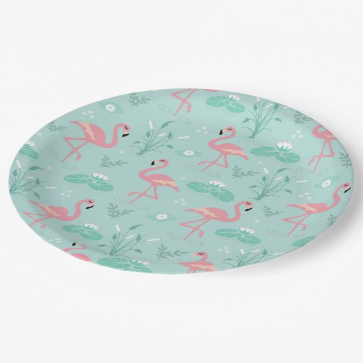 Pastellrosa Flamingos Grünes Muster Pappteller (Schrägansicht)