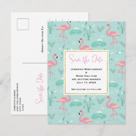Pastellrosa Flamingos Grünes Muster Save the Date Einladungspostkarte
