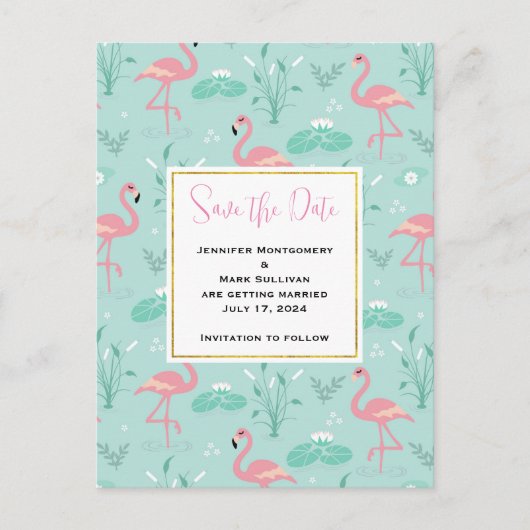 Pastellrosa Flamingos Grünes Muster Save the Date Einladungspostkarte (Vorderseite)