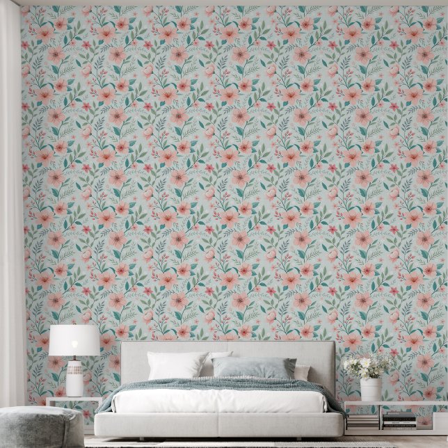 Pastellrosa florale botanische Tapete (Schlafzimmer)