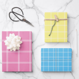 Pastellrosa Gelb Blau und Weiß Kariert Geschenkpapier Set