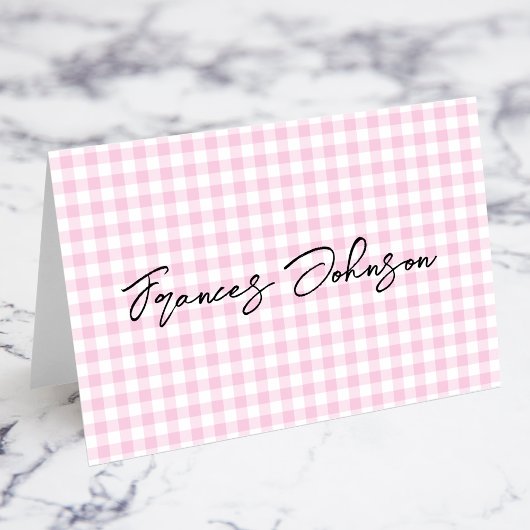 Pastellrosa Gingham-Einzel-Name-Platzkarten Tischnummer