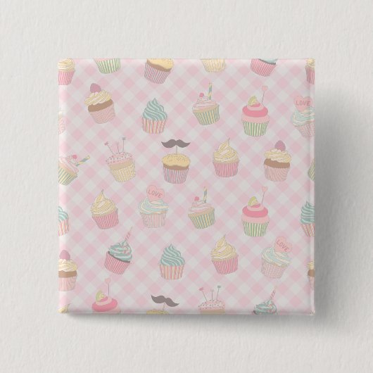 Pastellrosa Gingham Süße Cupcakes Muster Button (Vorderseite)