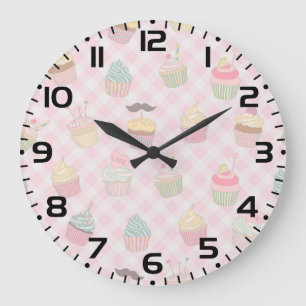 Pastellrosa Gingham Süße Cupcakes Muster Große Wanduhr