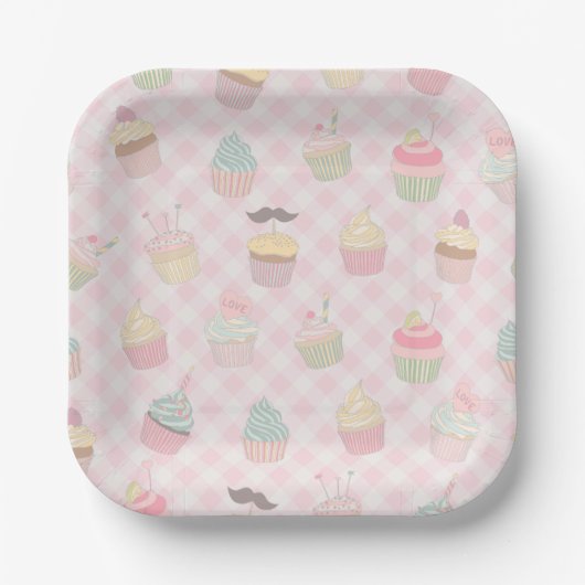 Pastellrosa Gingham Süße Cupcakes Muster Pappteller (Vorderseite)