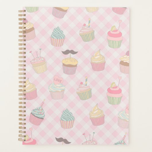 Pastellrosa Gingham Süße Cupcakes Muster Planer (Vorderseite)