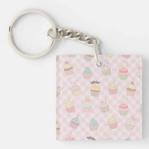 Pastellrosa Gingham Süße Cupcakes Muster Schlüsselanhänger