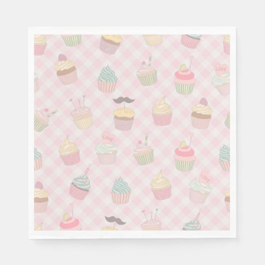 Pastellrosa Gingham Süße Cupcakes Muster Serviette (Vorderseite)