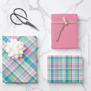 Pastellrosa, Grün, Blau und Weiß Kariert Geschenkpapier Set