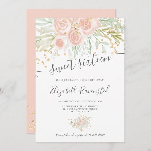 Pastellrosa grüne Blütenfarbe 16 . Geburtstag Einladung (Vorne/Hinten)