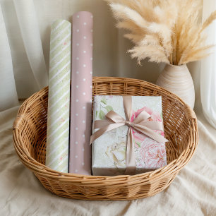Pastellrosa-grüne Frühlingsblumenstreifen Geschenkpapier Set
