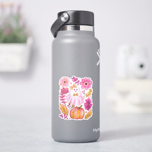 Pastellrosa Halloween-Geist mit Blumen und Kürbis Aufkleber