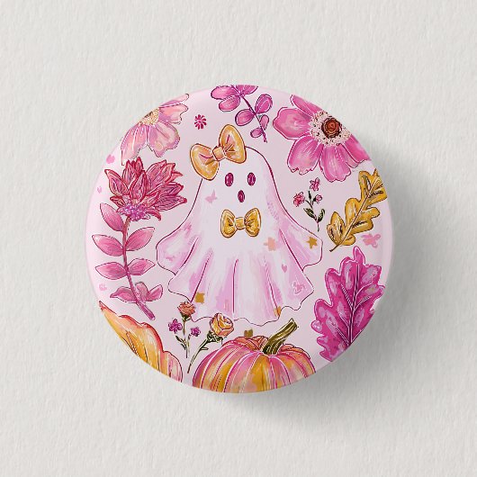 Pastellrosa Halloween-Geist mit Blumen und Kürbis Button (Vorderseite)