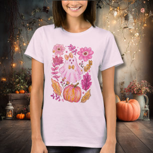 Pastellrosa Halloween-Geist mit Blumen und Kürbis T-Shirt