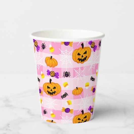 Pastellrosa Halloween-Muster Pappbecher (Rückseite)