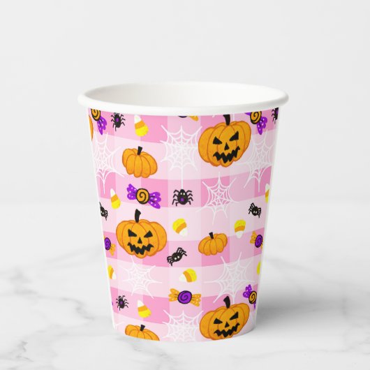 Pastellrosa Halloween-Muster Pappbecher (Vorderseite)
