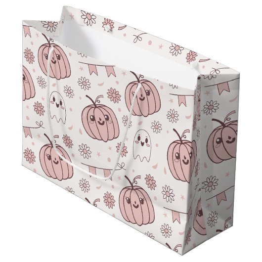 Pastellrosa Halloween Nahtloses Muster (2) Große Geschenktüte (Vorderseite Schrägansicht)