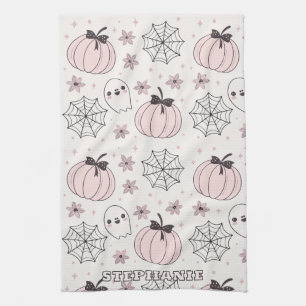 Pastellrosa Halloween Nahtloses Muster Geschirrtuch