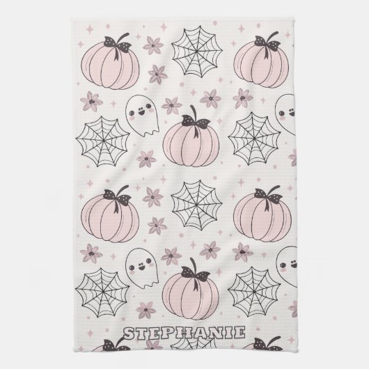 Pastellrosa Halloween Nahtloses Muster Geschirrtuch (Vertikal)