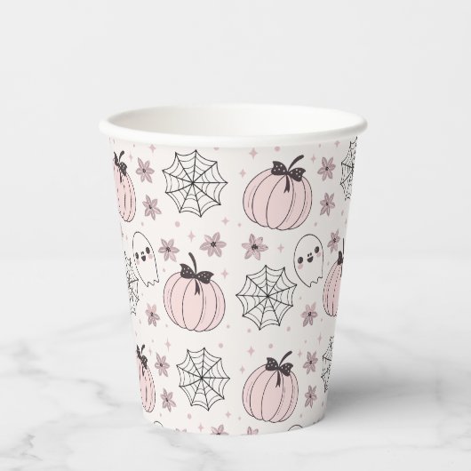 Pastellrosa Halloween Nahtloses Muster Pappbecher (Vorderseite)