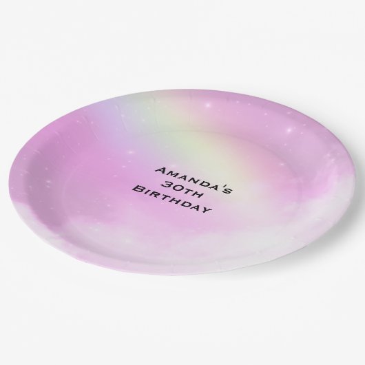 Pastellrosa Himmel mit gelbem Regenbogen Geburtsta Pappteller (Schrägansicht)