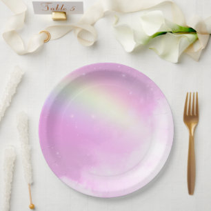 Pastellrosa Himmel mit gelbem Regenbogen Pappteller