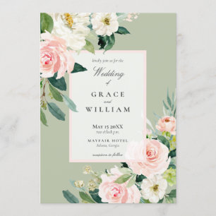 Pastellrosa Hochzeit Weiß und Grün Einladung