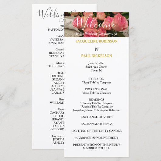 Pastellrosa-Hochzeitsprogramm Gold Programm (Vorne/Hinten)