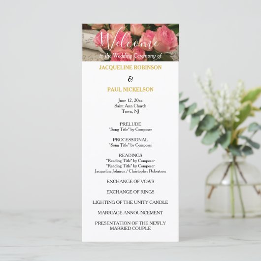 Pastellrosa-Hochzeitsprogramm Gold Programm (Stehend Vorderseite)