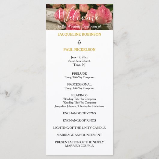 Pastellrosa-Hochzeitsprogramm Gold Programm (Vorderseite)