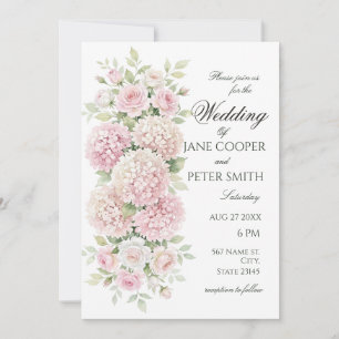 Pastellrosa Hortensien und Rosen Budget-Hochzeit Einladung