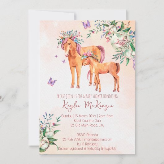 Pastellrosa Kinderpferd mit Mutter-Baby-Dusche Einladung (Vorderseite)