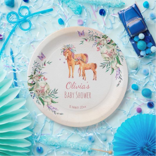 Pastellrosa Kinderpferd mit Mutter-Baby-Dusche Pappteller (Party)