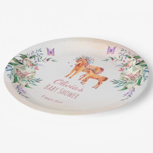 Pastellrosa Kinderpferd mit Mutter-Baby-Dusche Pappteller (Schrägansicht)
