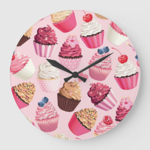 Pastellrosa Kuchen: Vintages Muster. Große Wanduhr