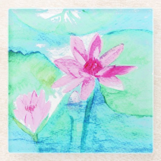 Pastellrosa Lotus Blume Wasserfarben Glasuntersetzer (Vorderseite)