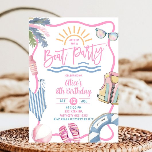 Pastellrosa Mädchen-Boot-Party Geburtstag Einladung
