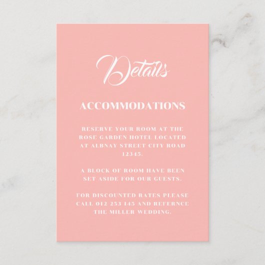 Pastellrosa Minimalistische Hochzeit Begleitkarte (Vorderseite)