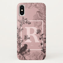 Pastellrosa Monogram Bird und Blumendesign