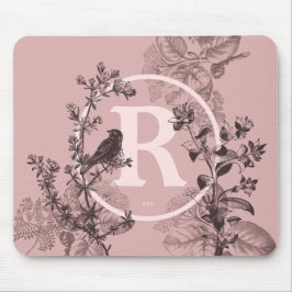 Pastellrosa-Monogramm-Vogel und Blumenmuster Mousepad