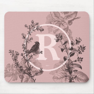 Pastellrosa-Monogramm-Vogel und Blumenmuster Mousepad