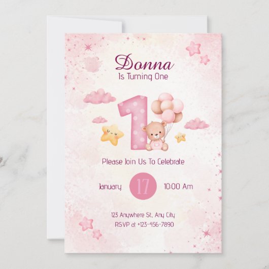 Pastellrosa Niedliche Aquarellbären Einladung (Vorderseite)