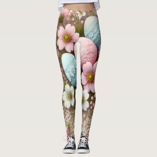Pastellrosa Ostereier und -Blume Leggings (Vorderseite)