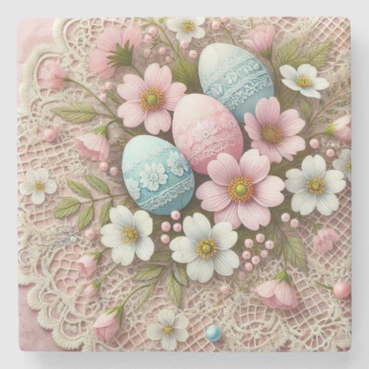 Pastellrosa Ostereier und -Blume Steinuntersetzer (Vorderseite)