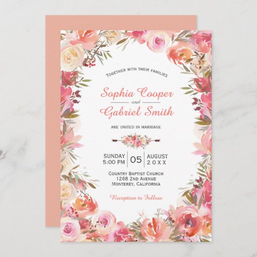 Pastellrosa Pfirsichfarbene Rose Blumenrahmen Hoch Einladung (Vorne/Hinten)