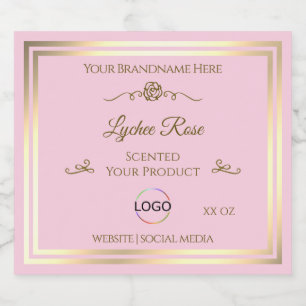 Pastellrosa Produktetikett mit Goldrahmen und Logo Alkoholflaschenetikett