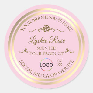 Pastellrosa Produktetikett mit Goldrahmen und Logo Runder Aufkleber