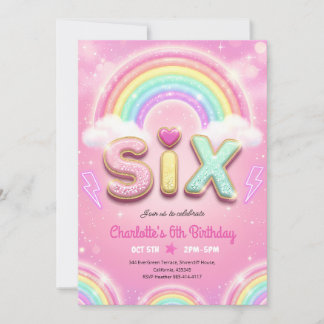 Pastellrosa Regenbogen Glitter 6. Geburtstag Einladung