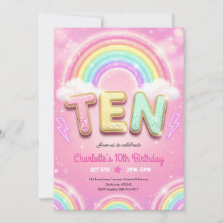 Pastellrosa Regenbogen Glitzer 10. Geburtstag Einladung